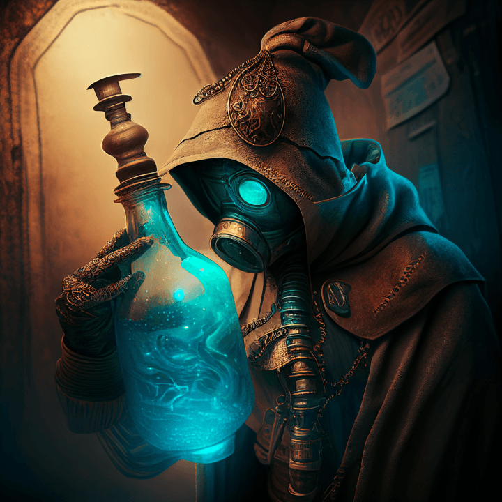 Mystical figure holding a glowing bottle - the AI genie