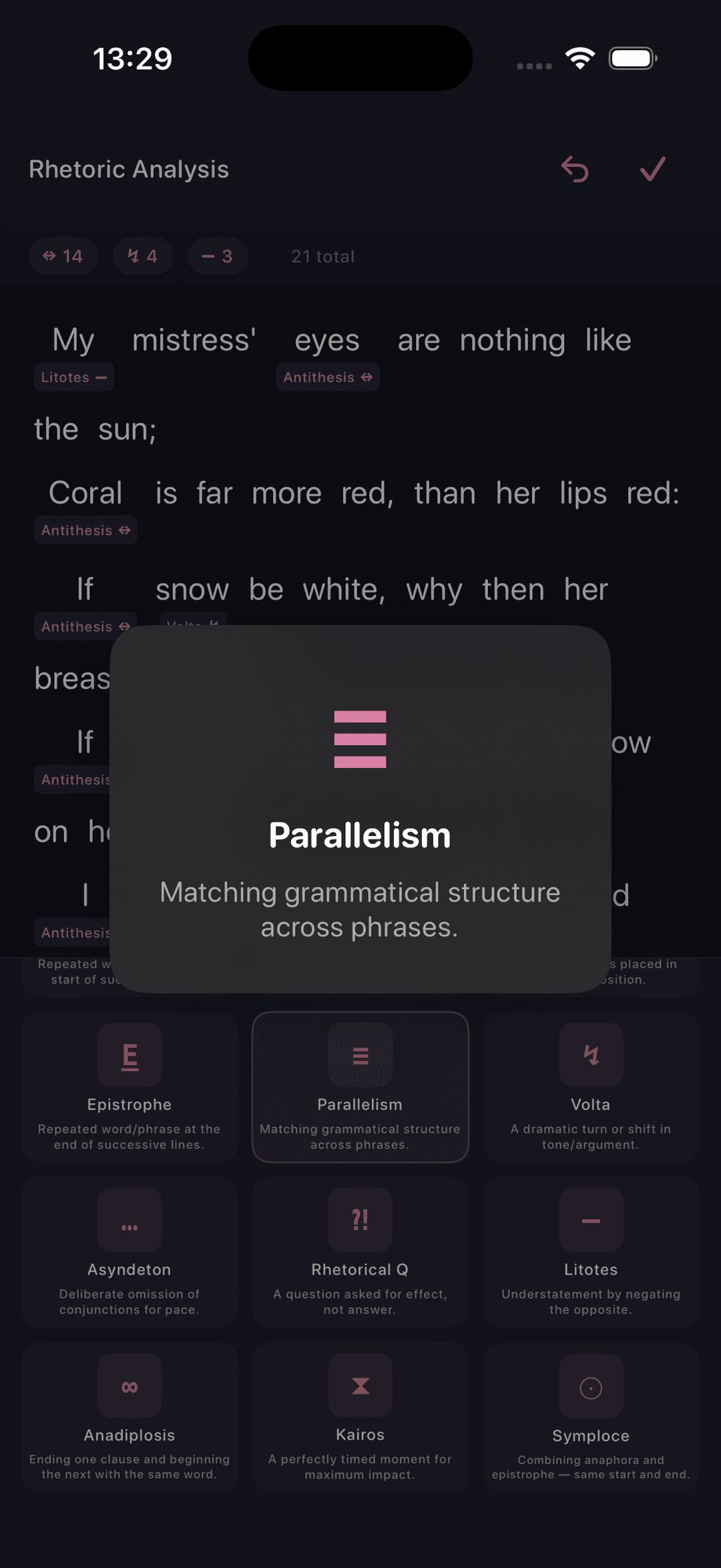 Spokenword app showing rhetoric analysis of Sonnet 130 with Parallelism technique highlighted