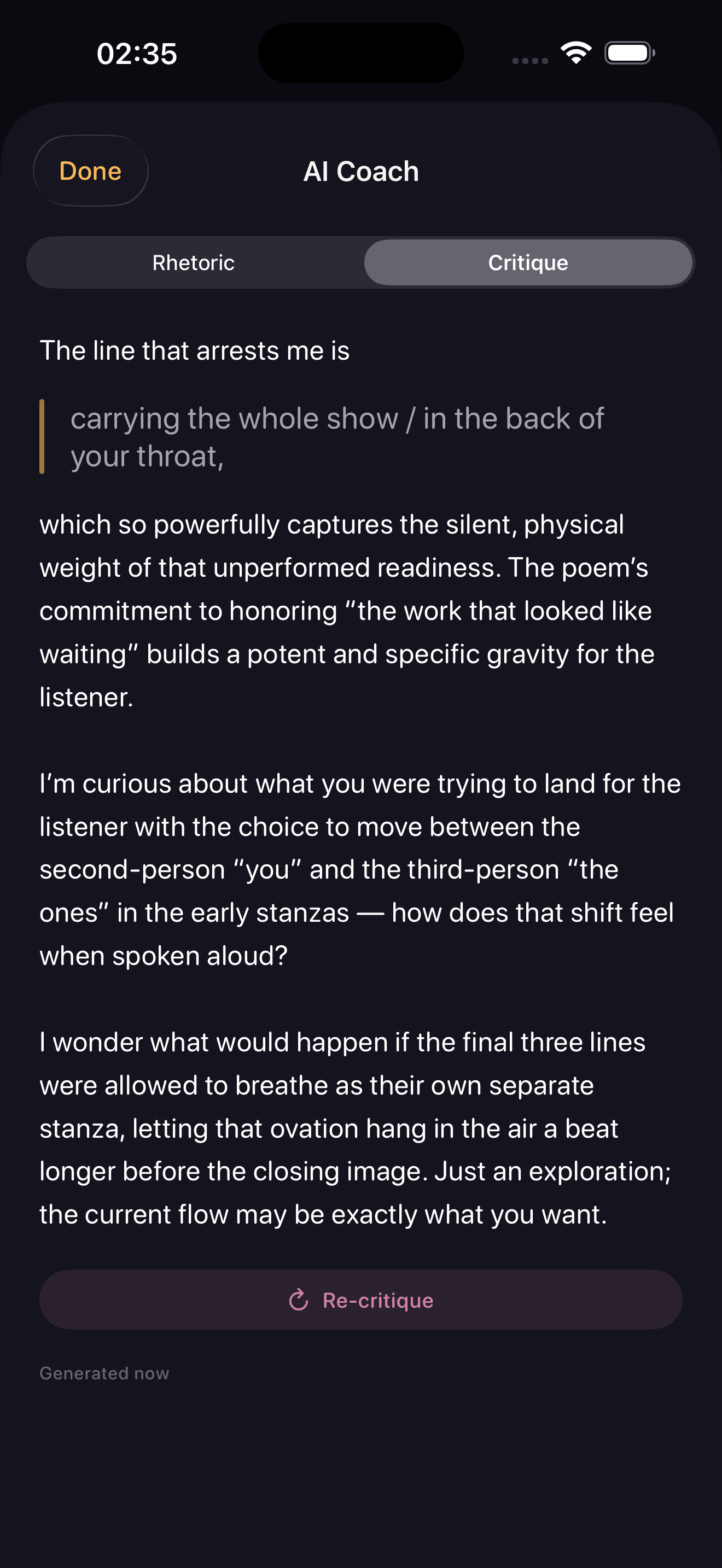 The critique lens returning prose feedback on a poem, on iPhone