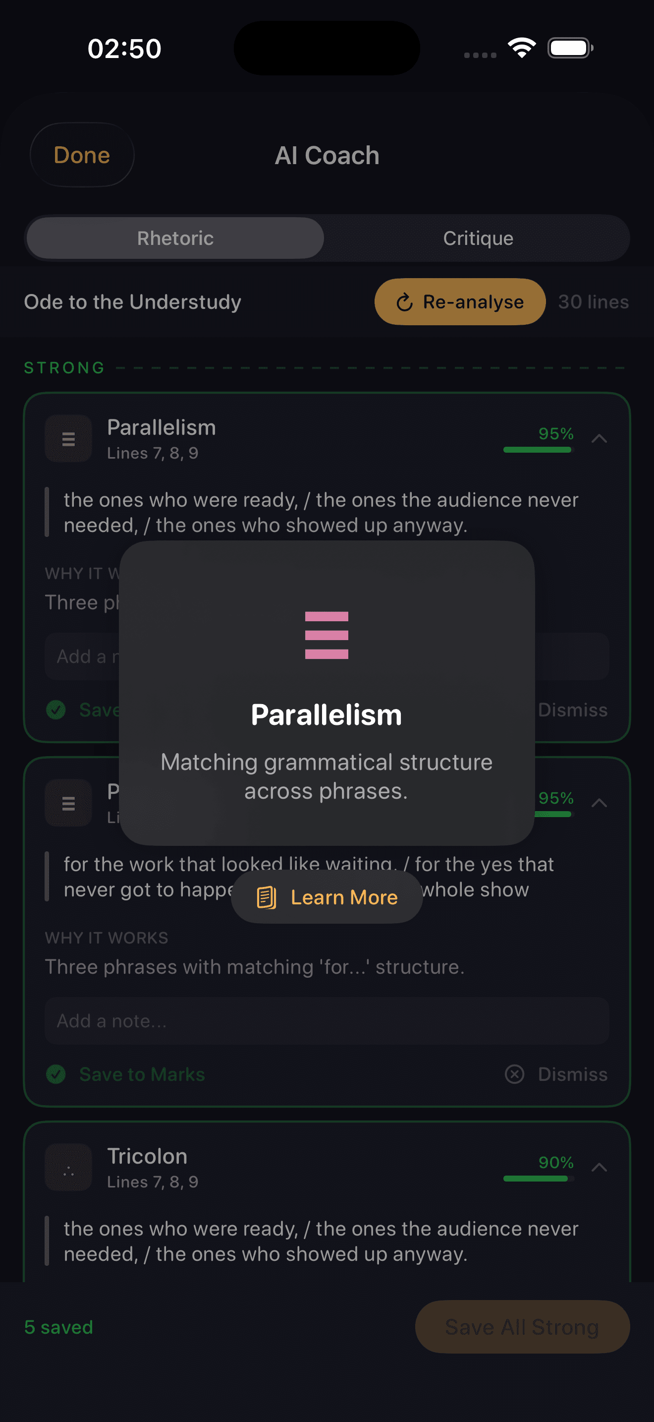 A Learn More popover explaining the Parallelism technique inside the AI Coach