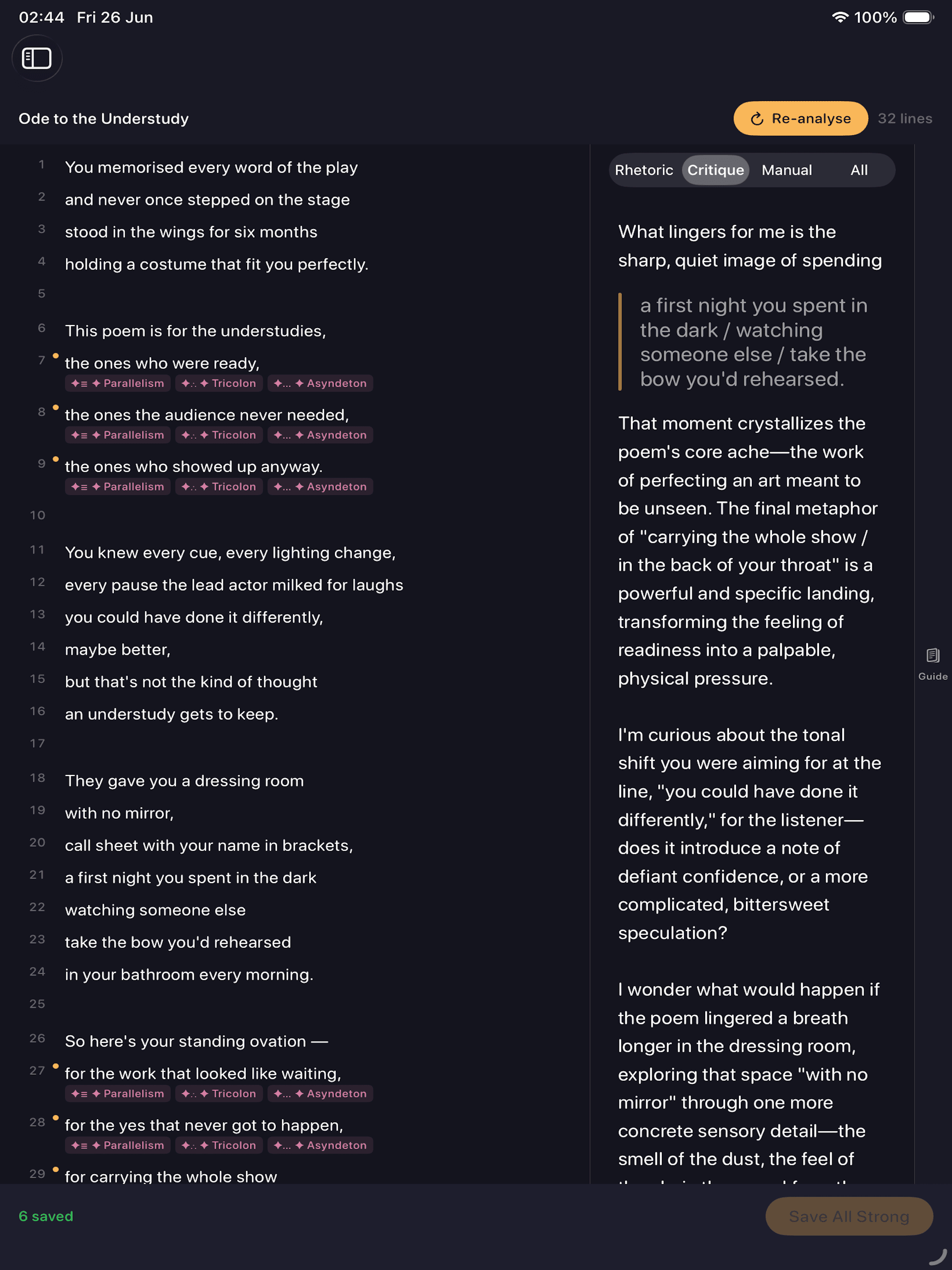 The AI Coach critique lens on iPad, poem on the left and prose feedback on the right