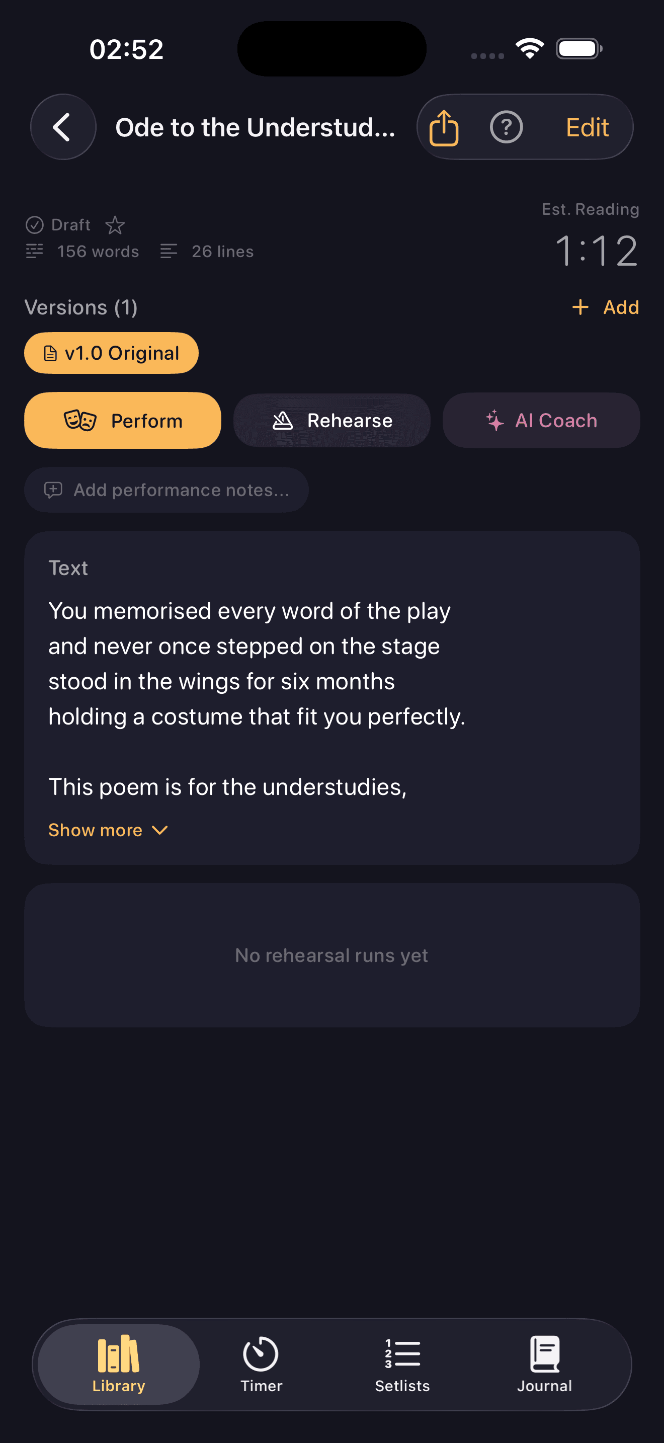 A poem detail view in Spokenword with Perform, Rehearse and AI Coach buttons