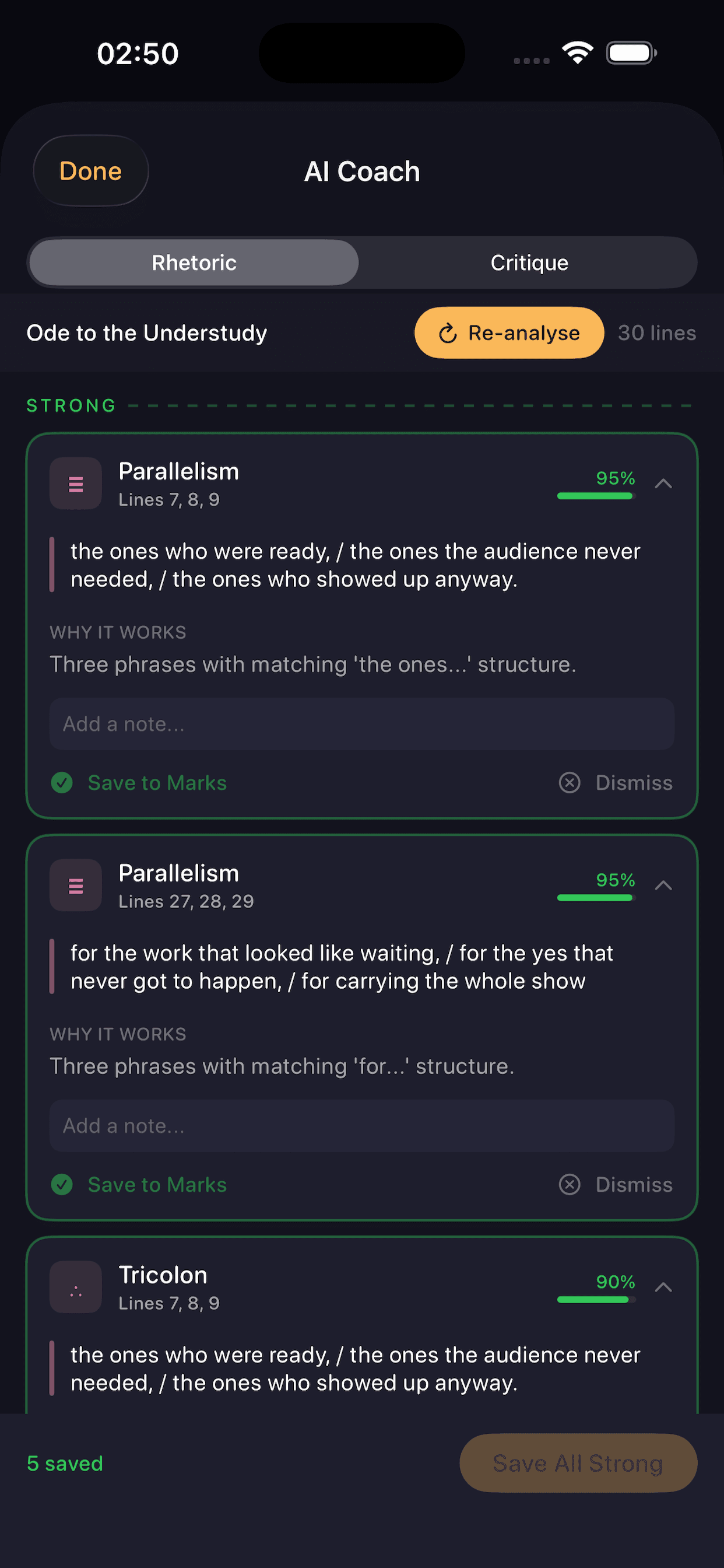 AI Coach rhetoric results: Parallelism and Tricolon detected on specific line numbers, each with a confidence score and Save or Dismiss controls