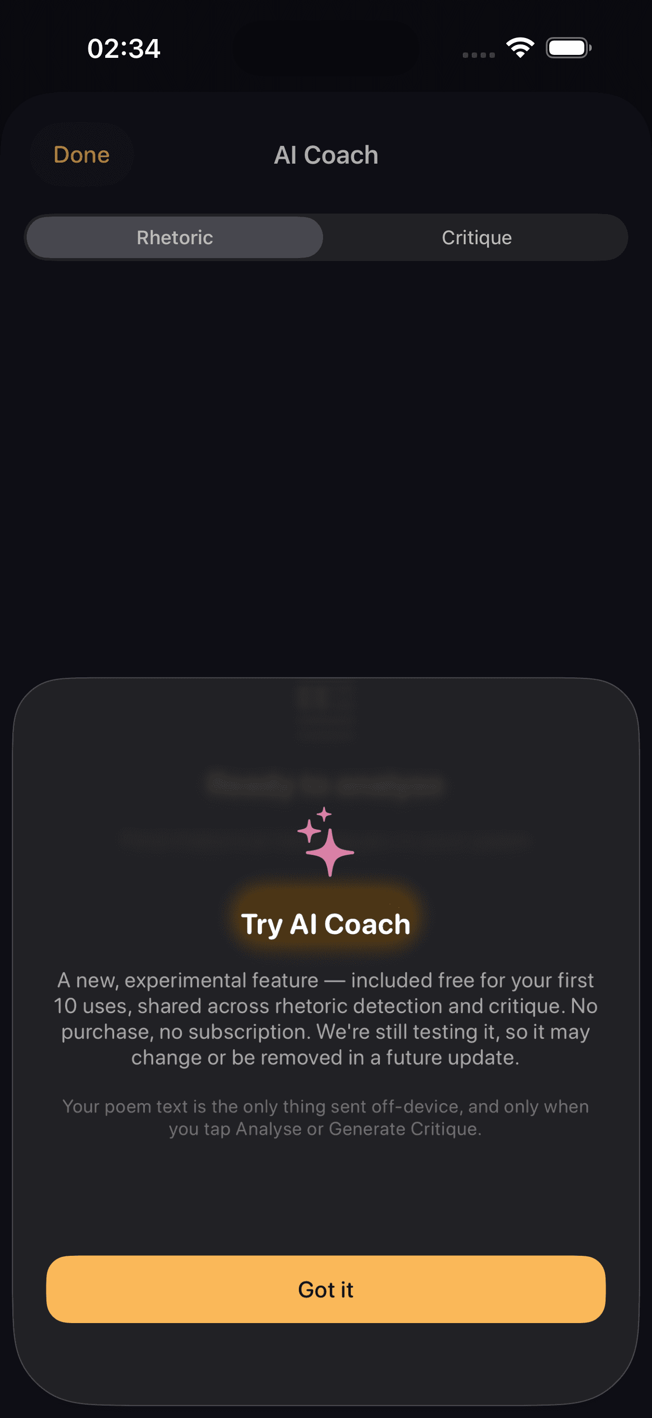 The Try AI Coach intro screen, explaining 10 free uses, no subscription, and that poem text is the only thing sent off-device