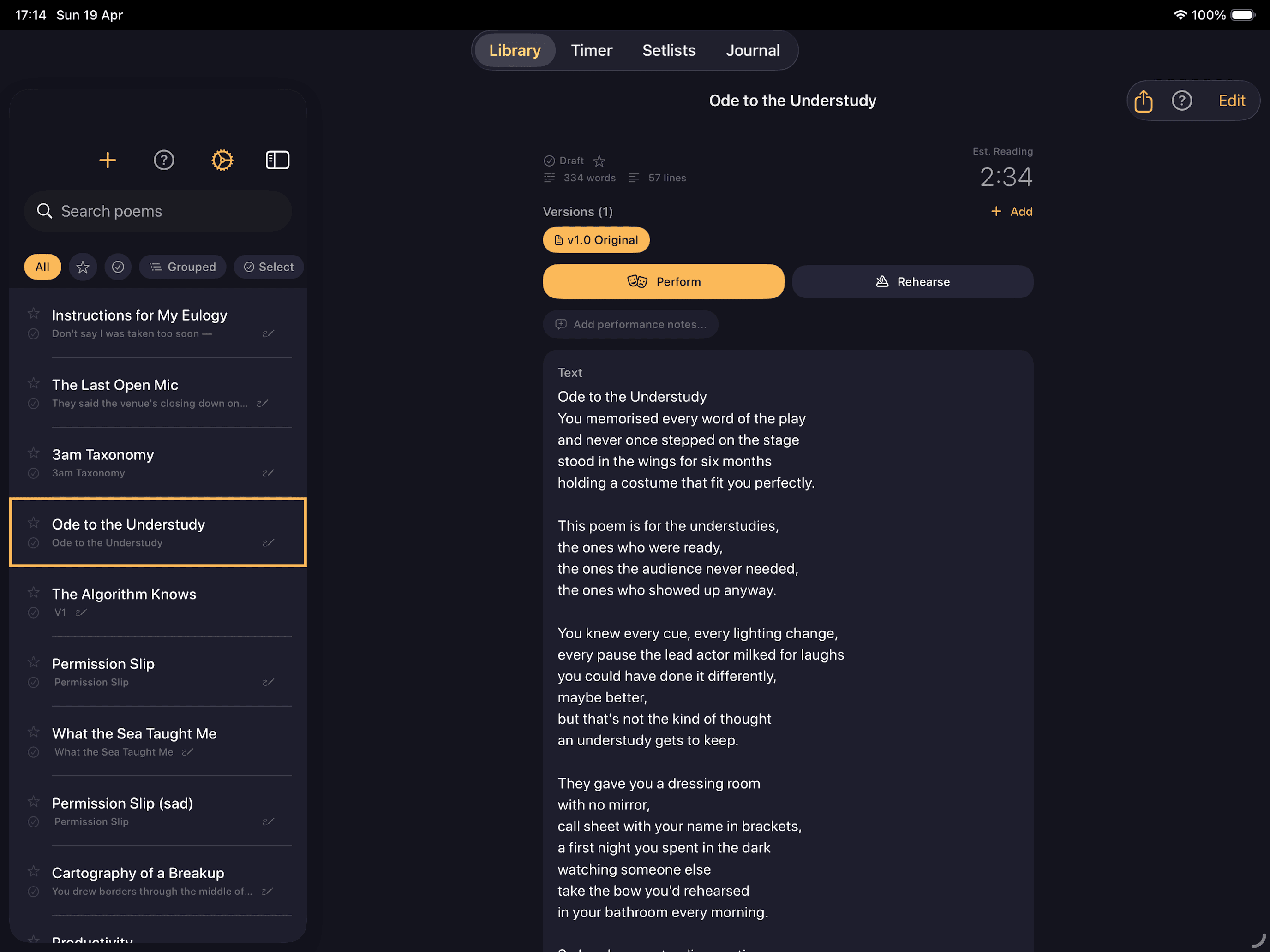 iPad split-view library in landscape showing sidebar and poem detail side by side