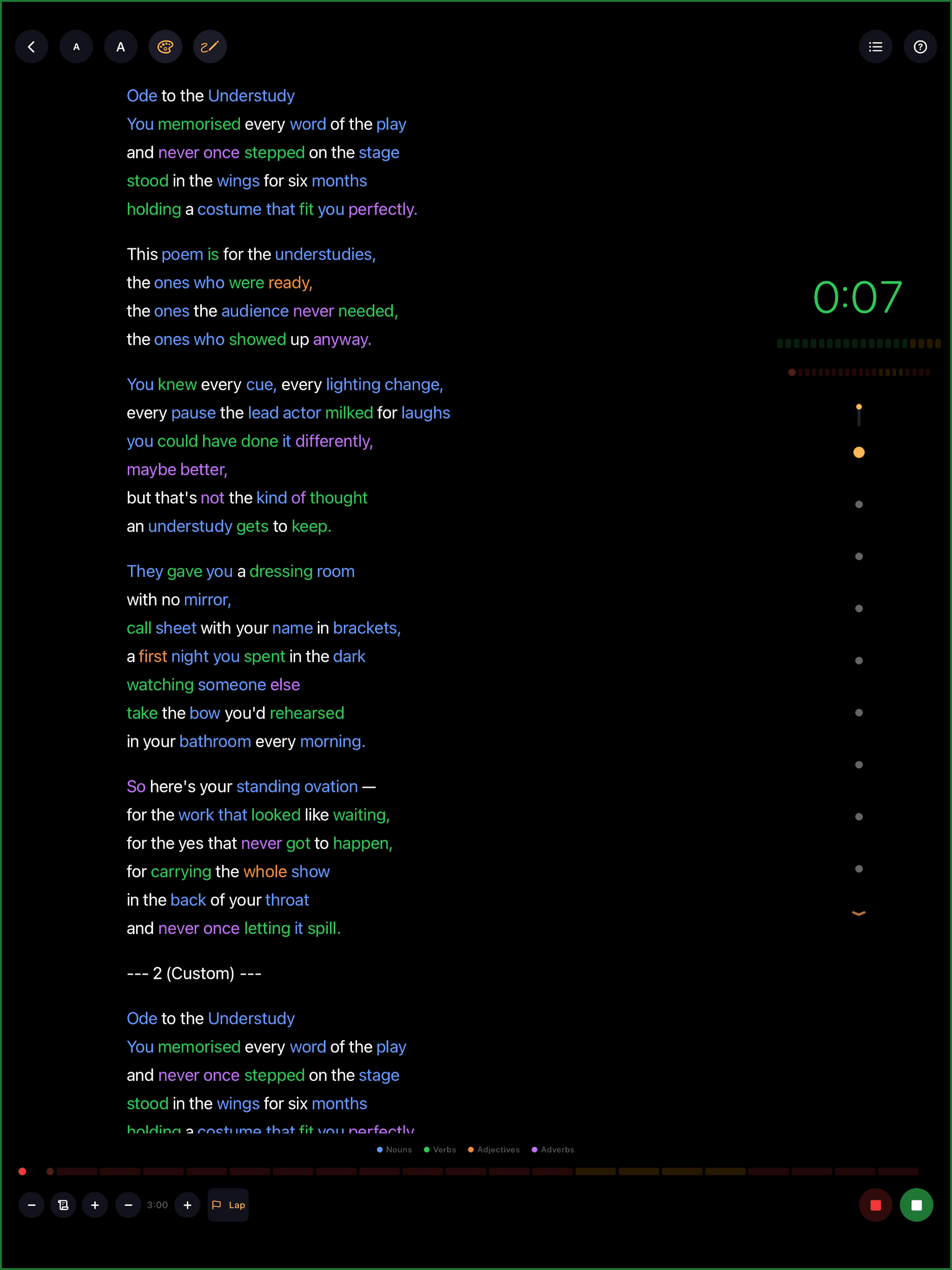iPad side-by-side rehearsal mode with poem text and timer controls