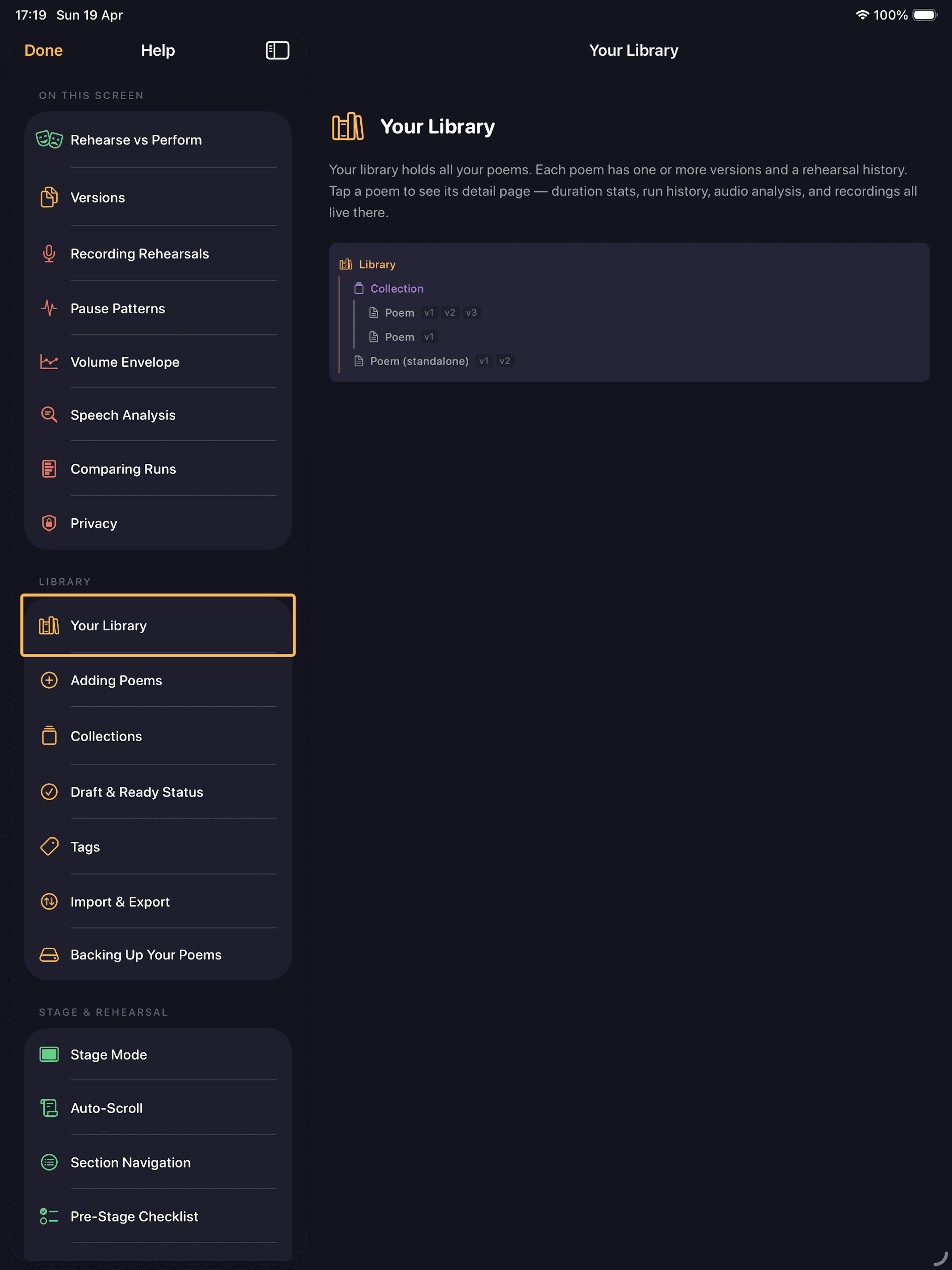 iPad help screen with split-view navigation