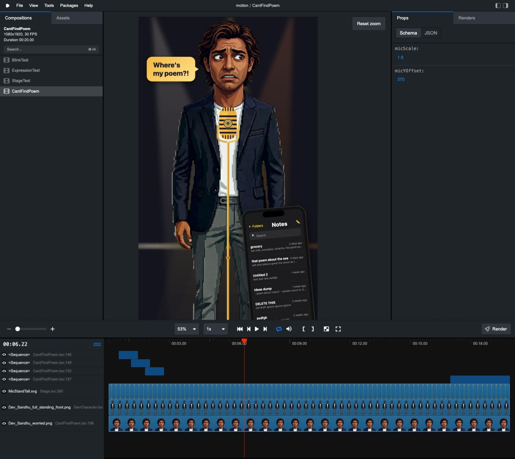 Remotion Studio showing the CantFindPoem composition with timeline, Zod sliders, and expression sprites