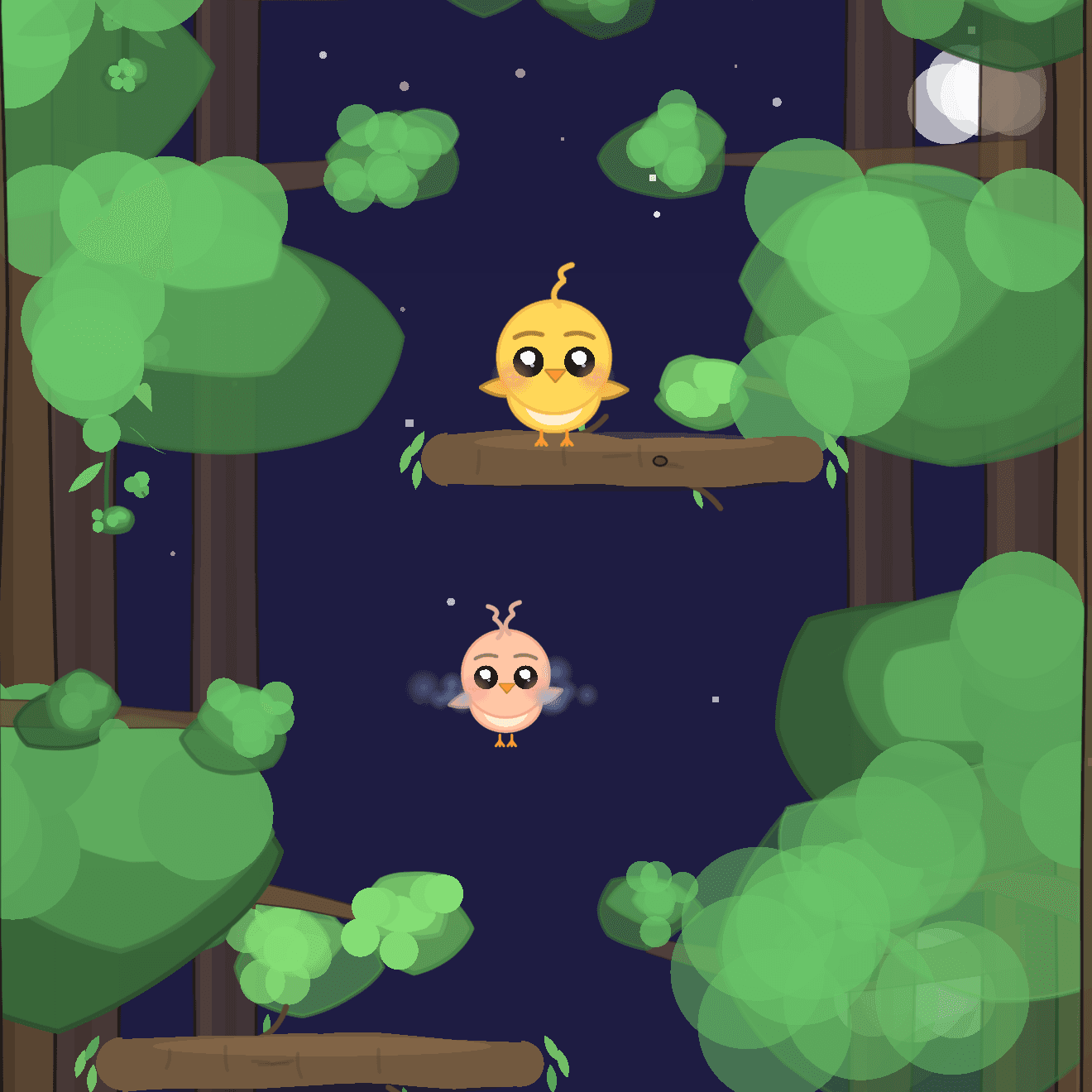 Both birds in the forest — main bird on branch, companion bird below