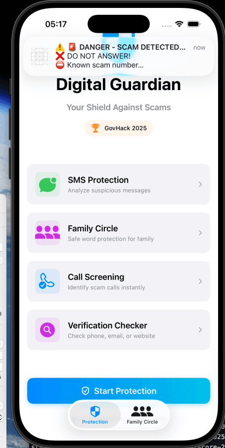 CallKit notification showing DANGER - SCAM DETECTED