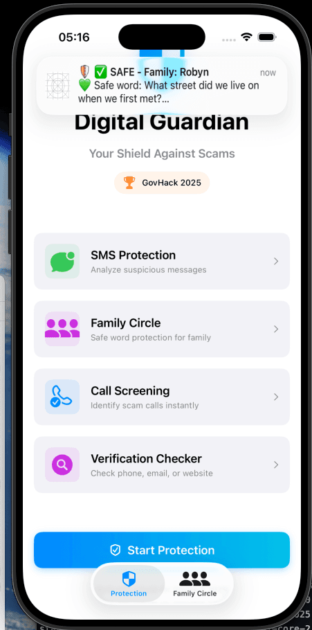 CallKit notification showing SAFE - Family call with safe word reminder