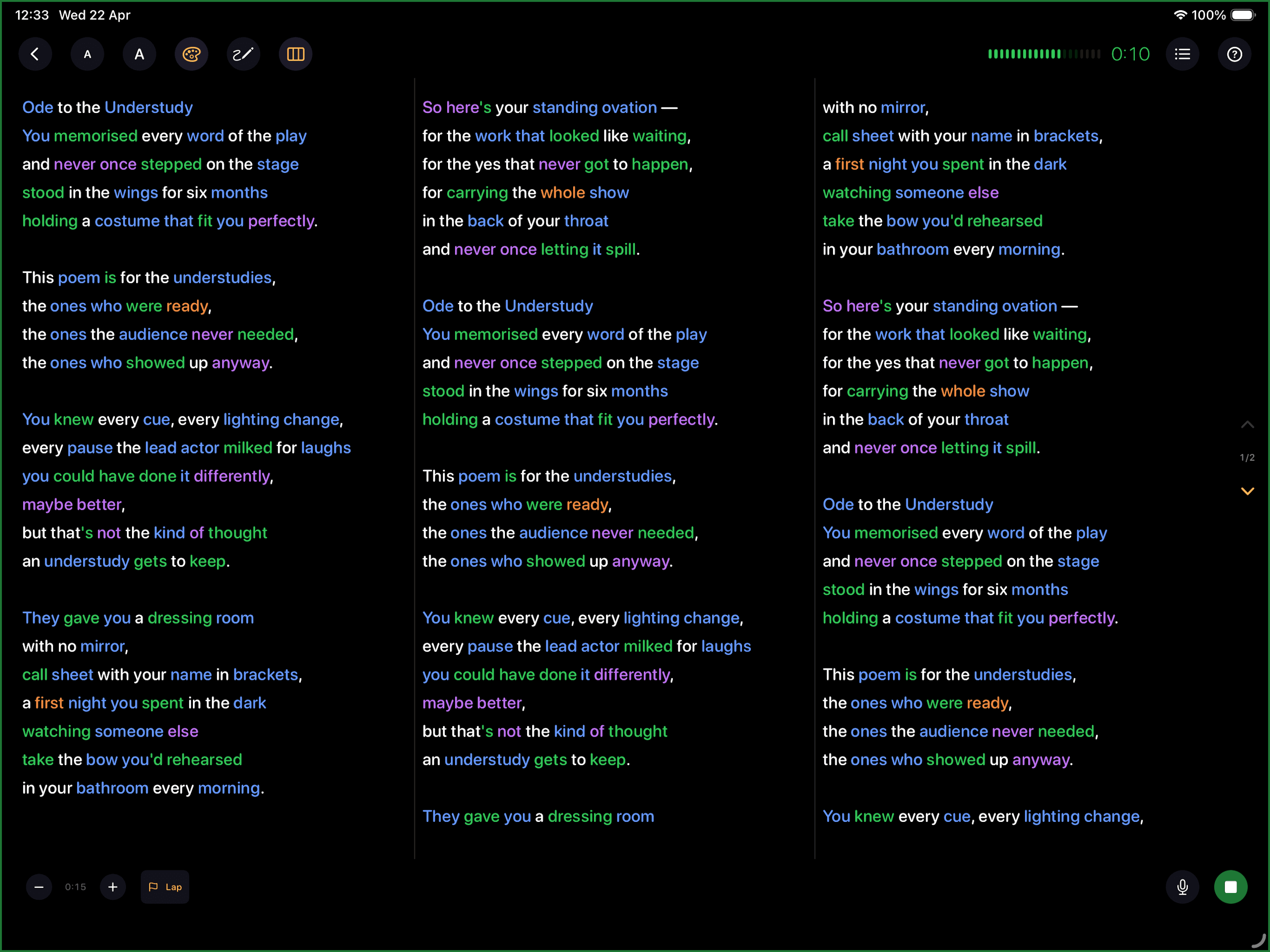 iPad multi-column stage view showing a poem across three columns with colour-coded annotations